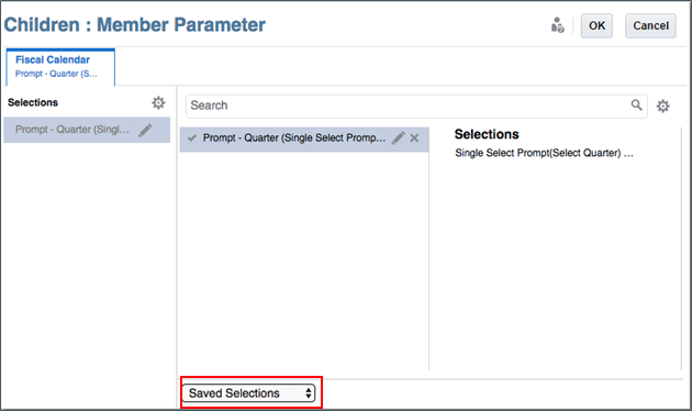 屏幕截图中显示了 "Member Selector"（成员选择器）对话框，其中视图选择器显示了 "Saved Selections"（保存的选择）