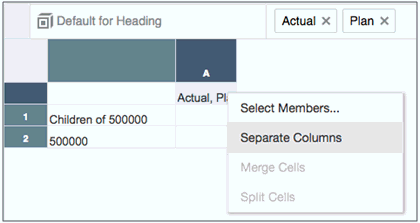 图中显示了在一列中的 "Actual"（实际）成员和 "Plan"（计划）成员，以及 "Separate Columns"（分隔列）处于选定状态的菜单