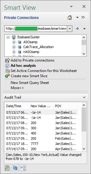 “审核跟踪”窗格显示在 Smart View 面板的底部。它显示了一个活动条目列表，其中的列标题为“日期/时间”、“新值”和 POV。选定了列表中的第一项。窗格底部提供了选定活动的叙述性说明，包括 POV 和操作结果。