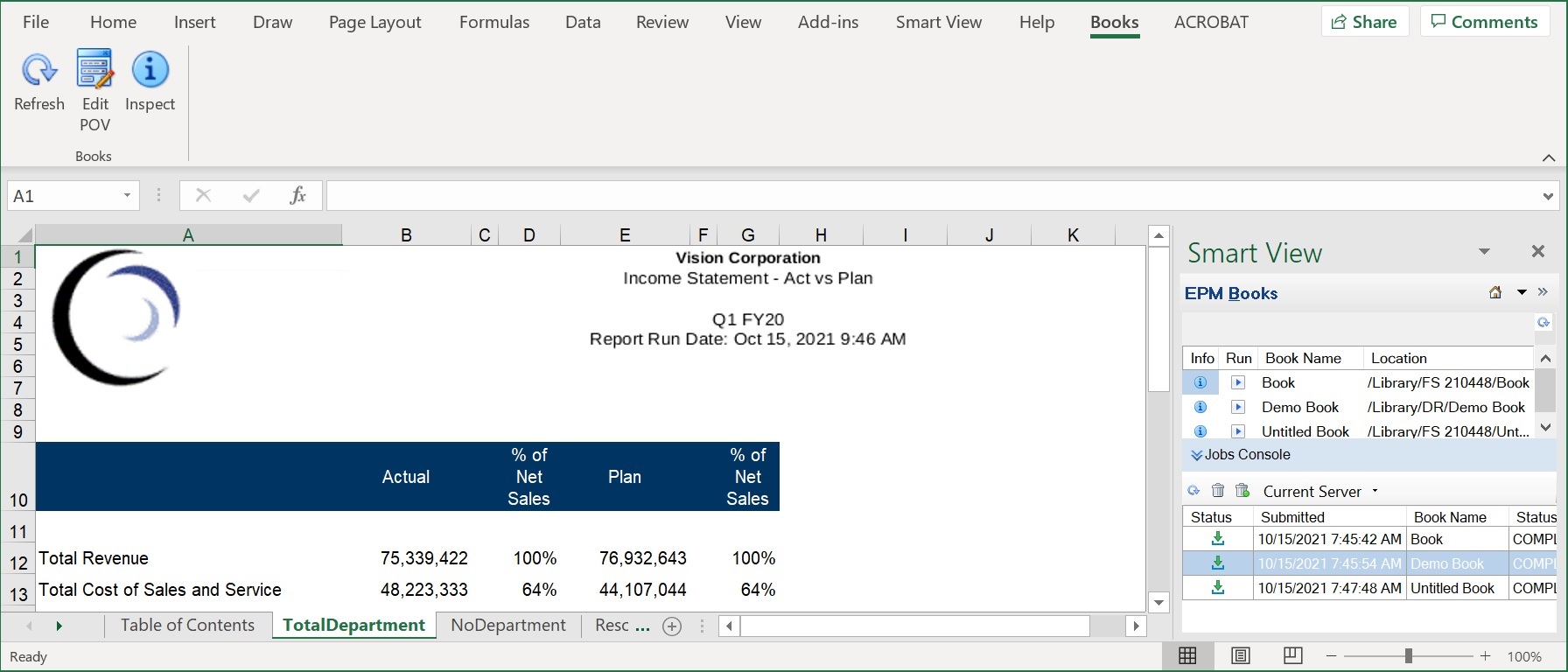 书册功能区以及下载到 Excel 的书册中的示例 TOC 页面和工作表选项卡