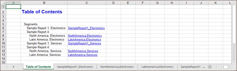 导入到 Excel 的书册中的示例 TOC 页面和工作表选项卡