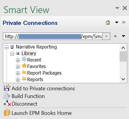 连接到 Narrative Reporting 时的 Smart View 面板；“启动 EPM 书册主页”命令显示在 Smart View 面板底部的操作面板中