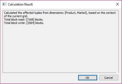 针对所有 Product 和 Market 元组运行元组计算后的计算结果对话框。读取的总块数为 7168 块；写入的总块数为 3584 块。