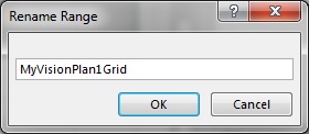 其中包含键入的新名称 MyVisionPlan1Grid 的“重命名范围”对话框。