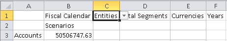 Accounts 维在行中，Scenarios 在列中，Fiscal Calendar、Entities、Total Segments、Currencies 和 Years 在 POV 行中。