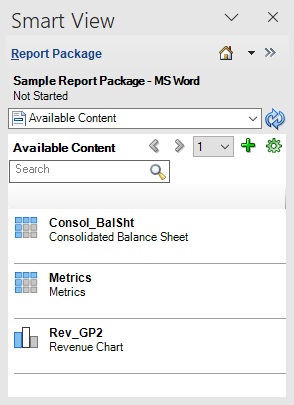&ldquo;可用的内容&rdquo;面板，其中显示了三个可用内容项。Consol_BalSht、Metrics 和 Rev_GP2
