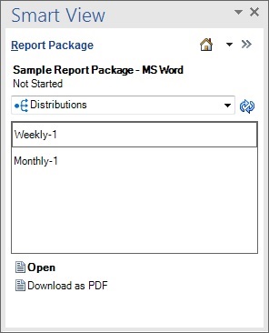 “分发”面板中可用分发的列表。该面板包含打开或以 PDF 格式下载的选项