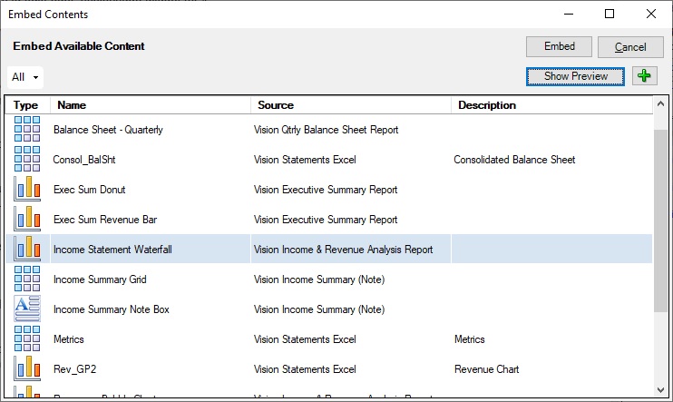 “嵌入内容”对话框中的“显示预览”按钮，从可用内容列表中选择了 "Income Statement Waterfall" 项