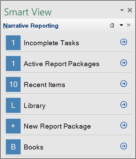 显示 Smart View 面板中的 Narrative Reporting 主页，该主页可用于访问需要用户注意的项、最近访问的项以及 Narrative Reporting 库节点和“新建报表包”对话框的快捷方式