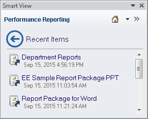 Narrative Reporting 主页面板，显示了最近打开的报表包列表。