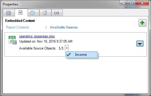 单击“可用源”链接后，“属性”对话框的“嵌入的内容”选项卡。其中列出了一个 Excel 文件。Excel 文件名下方显示了带可单击的向下箭头的“可用的源对象”。单击箭头将显示使用中的嵌入的内容。