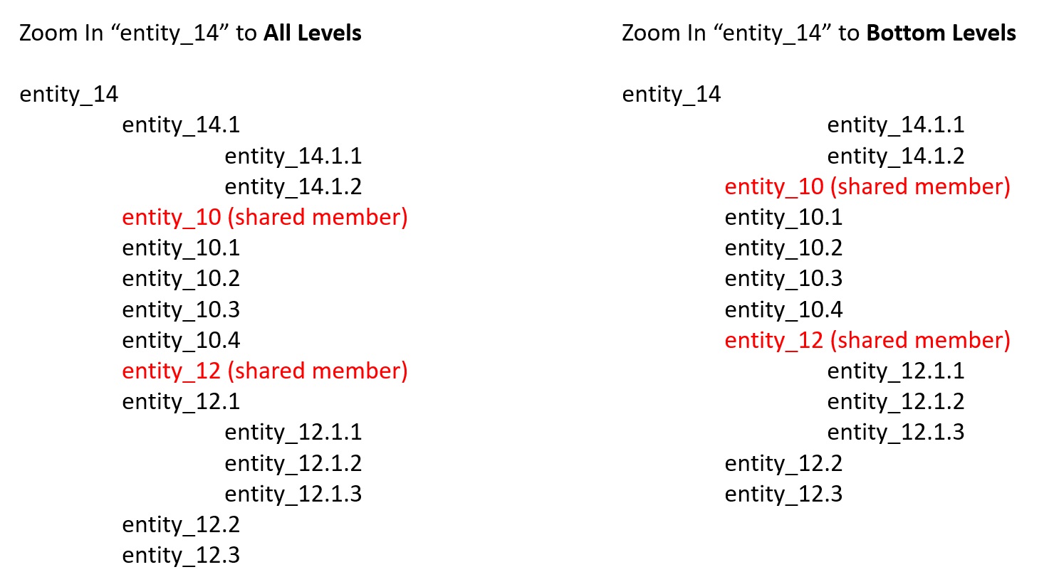 层次结构中显示了使用“所有级别”选项和“最低级别”选项对共享成员进行放大的结果