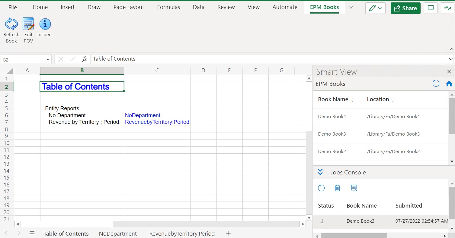 显示导入和下载到 Excel 365 的书册中的 TOC 页面和工作表选项卡示例