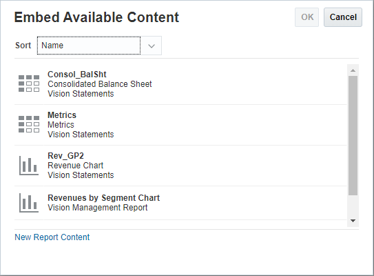 "New Report Content"（新建报表内容）对话框。