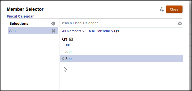 成员选择器，其中显示了会计日历维内的九月选择项