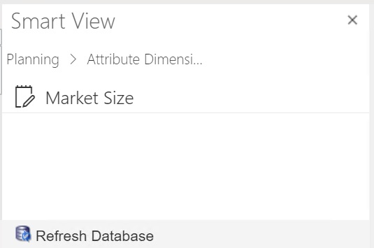 Smart View 主页面板，显示了展开的“属性维”文件夹中的一个属性维 "Market Size"。