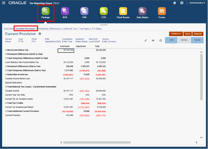 运行税务自动化后，税前净利润、永久性和暂时性差异的数字将会显示。