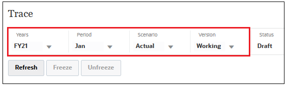 已選取 FY21、Jan、Actual 和 Working POV 的「追蹤」畫面