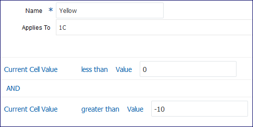 螢幕截圖顯示目前儲存格值 < 值 0 且 > 值 -10 的公式