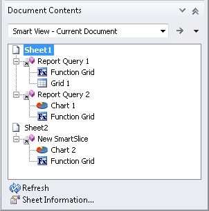 在「文件內容」窗格中選取工作表將會重新整理工作表上的所有物件。