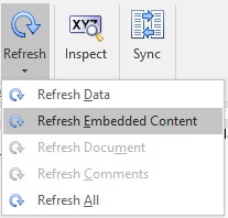 績效報表功能區中的「重新整理」功能表，其中顯示已選取下拉功能表中的「重新整理內嵌內容」。