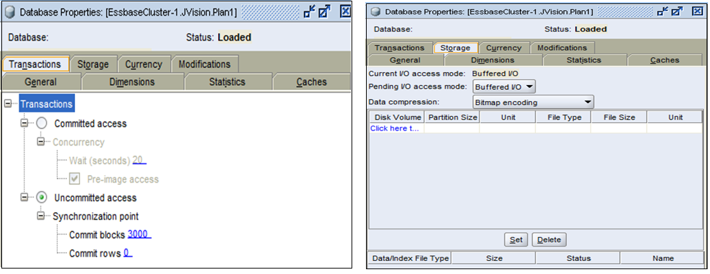 BSO 立方體之「資料庫特性」畫面的範例「交易」和「儲存」頁籤