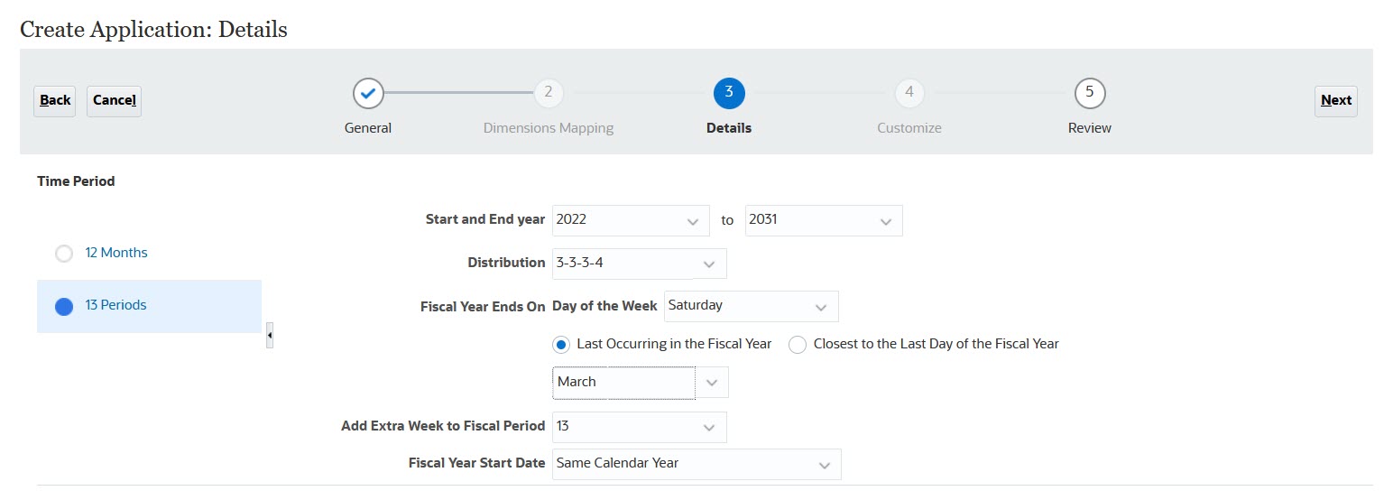 選定「相同工作曆年度」的 13 個期間工作曆應用程式建立詳細資料