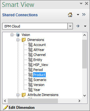 在 Vision 應用程式的樹狀結構中顯示資料夾的「智慧型檢視面板」，另外還有一些自訂維度。Product 維度會醒目提示，表示已選擇狀態，「編輯維度」命令則位於面板底部。