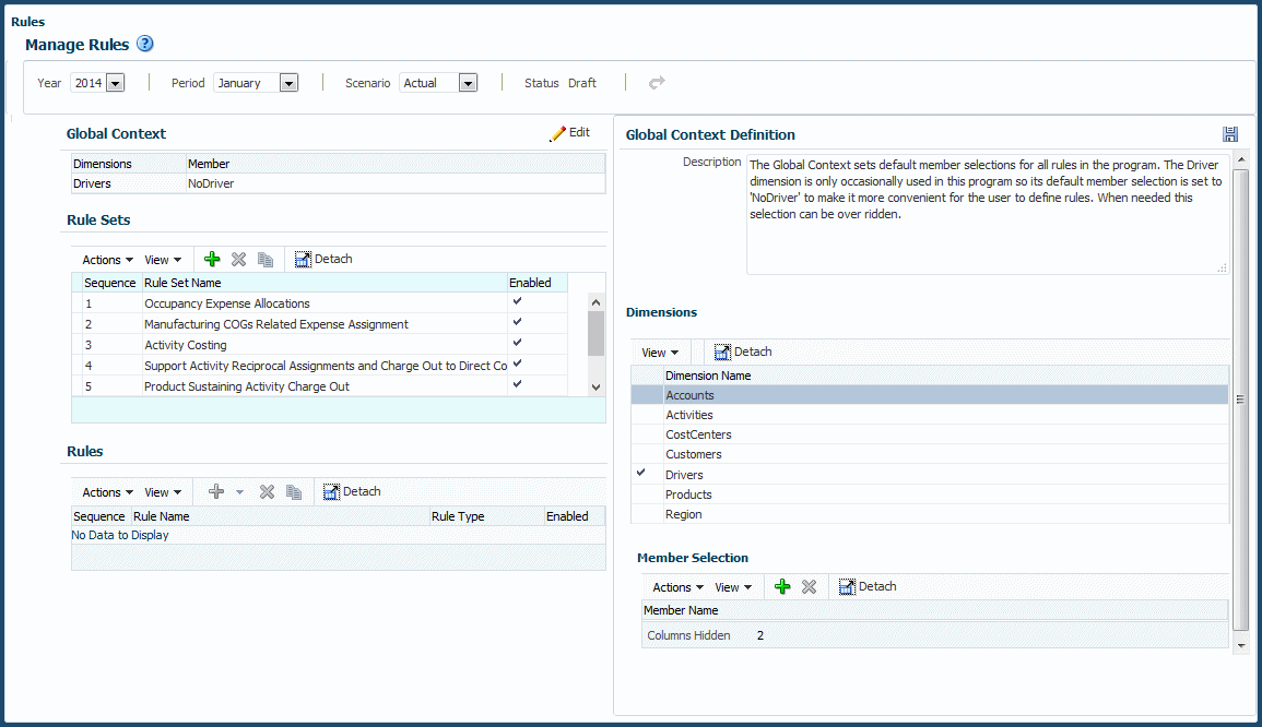 您可以在「管理規則」內容區域的上半部分選取 POV 和定義全域環境定義。