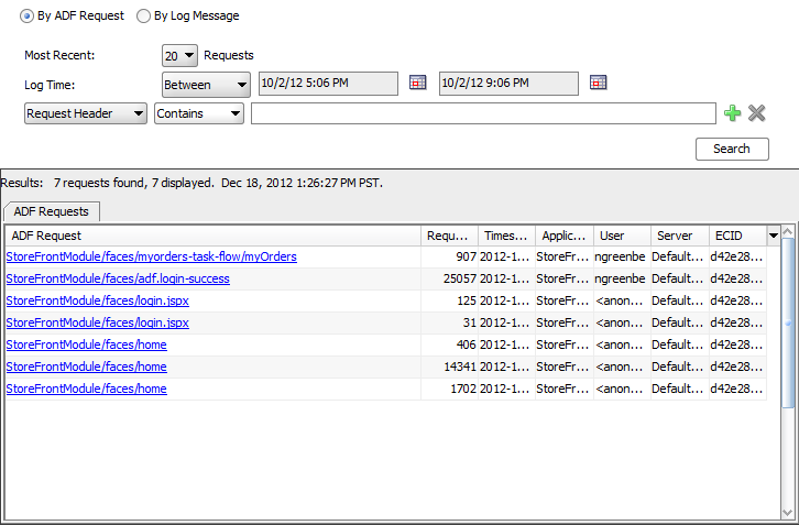 Log analyzer displays ADF web request in progress