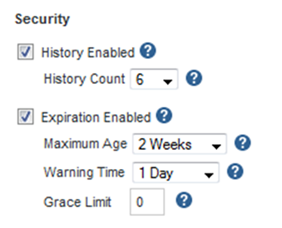 Security section of the Password Policies page with password history and security enabled.