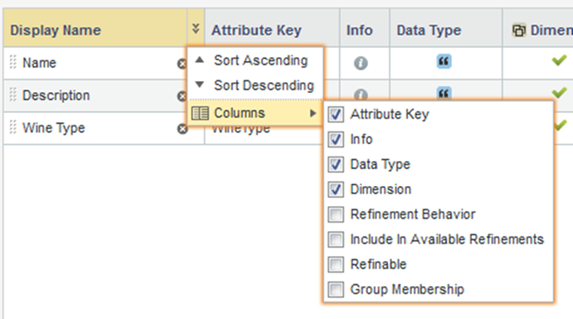 Attribute groups - menu for selecting the metadata columns to display