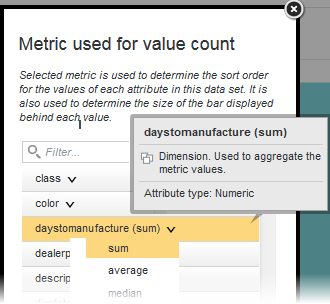 Dialog for selecting the metric to use for sorting, showing the aggregation method list
