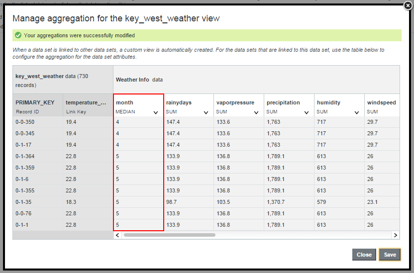 The edit aggregation dialog displaying the updated values.