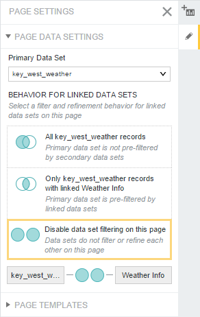 The Page Settings panel with the Disable data set filtering on this page option selected.