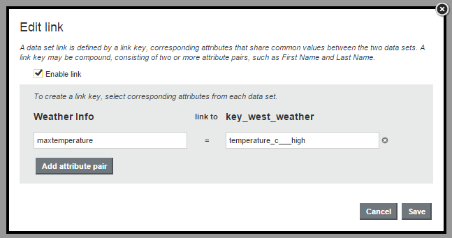 The Edit link dialog displaying the selected pair of attributes.