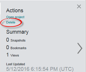 Shows the details pane of a project with the Delete link circled.