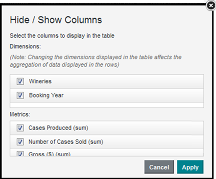 Hide/Show Columns dialog for an aggregated Results Table