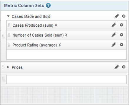 Metric Column Sets list for an aggregated Results Table