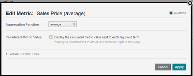 Edit Metric dialog for a Tag Cloud metric