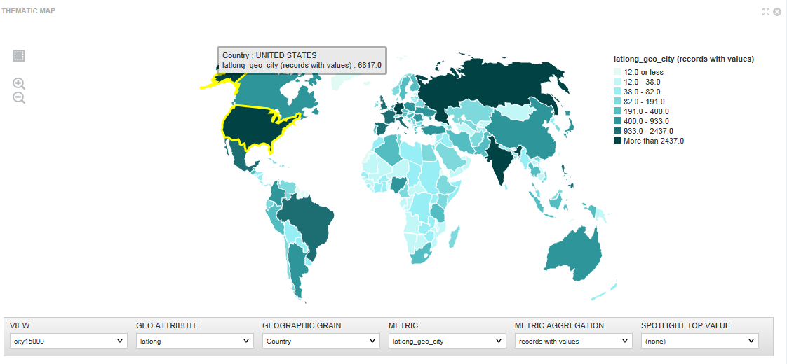 Shows a thematic map component with the US selected and the number of records for that country.