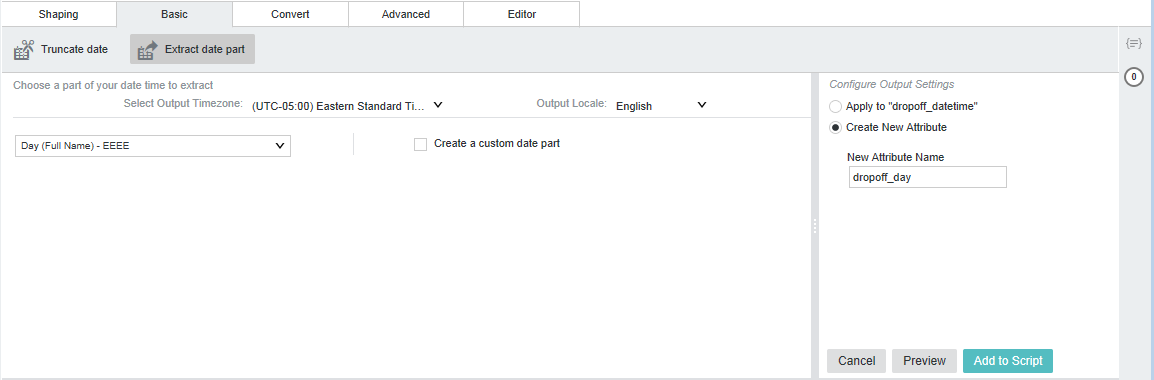 Shows an example of configuring the Extract Date Part editor to create a new day attribute.