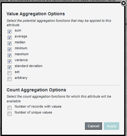 Available aggregation methods dialog
