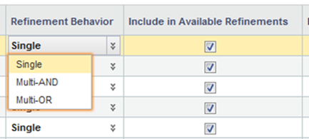Refinement Behavior list and Include in Available Refinements column for a view attribute