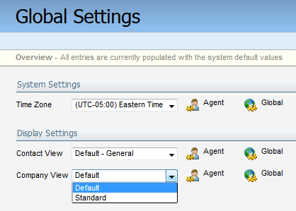 An image of the Global Settings window. It shows the Company View drop-down list.