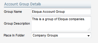 Account Group Details view with Group Name, Group Description, and Place In Folder.