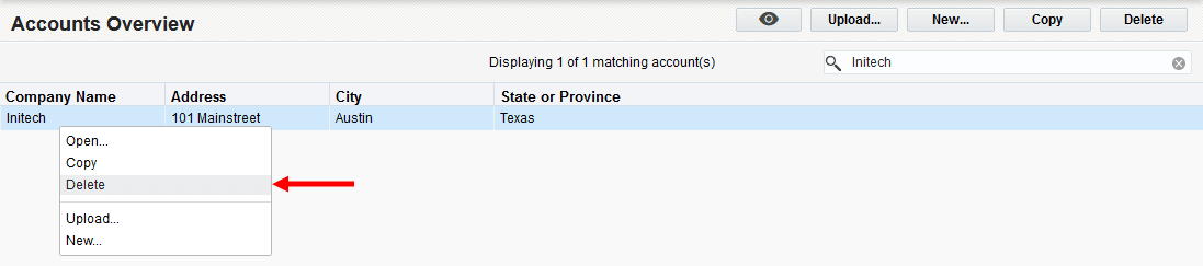 An image of the Accounts Overview window. In a shortcut menu, the Delete option is highlighted by a red arrow.