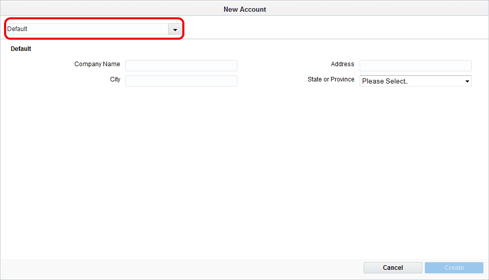 An image of the New Account Configuration window. The Account View drop-down list is highlighted by a red box.