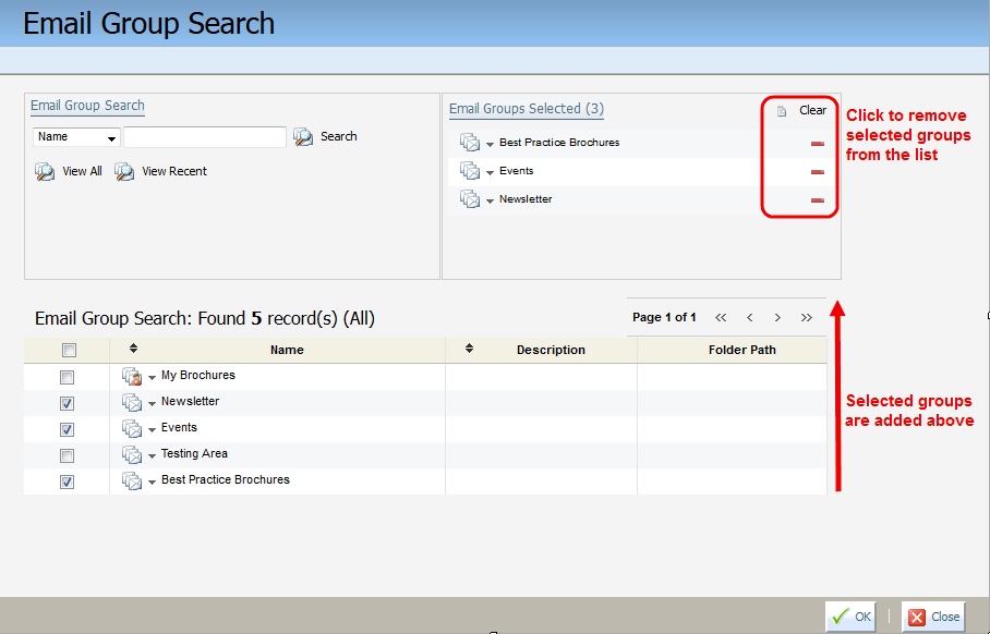 An image of the Email Group Search window. The Clear buttons are highlighted by a red box with a message that reads 'click to remove selected groups from the list.' There is also a red arrow pointing from the Email Group Search results towards the Email Groups Selected area with a message that reads 'selected groups are added above.'