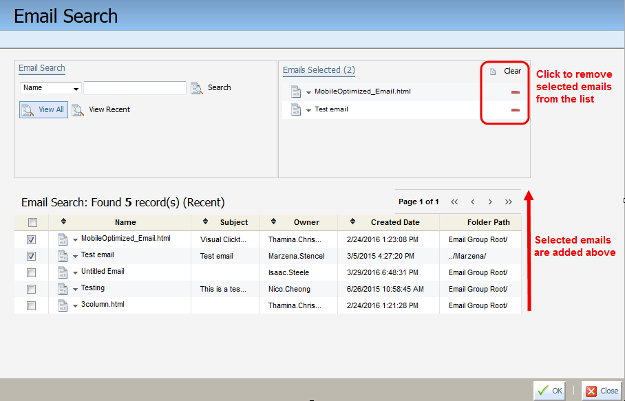 An image of the Email Search window. The Clear buttons are highlighted by a red box with a message that reads 'click to remove selected emails from the list.' There is also a red arrow pointing from the Email Search results towards the Emails Selected area with a message that reads 'selected emails are added above.'
